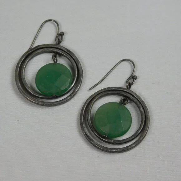 Silver Tone Double Ring Green Bead Dangle Fashion Earrings 1" Diameter Round - Picture 2 of 9